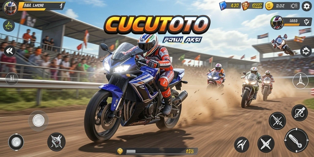 Tampilan gameplay menegangkan di CUCUTOTO dengan balapan motor.