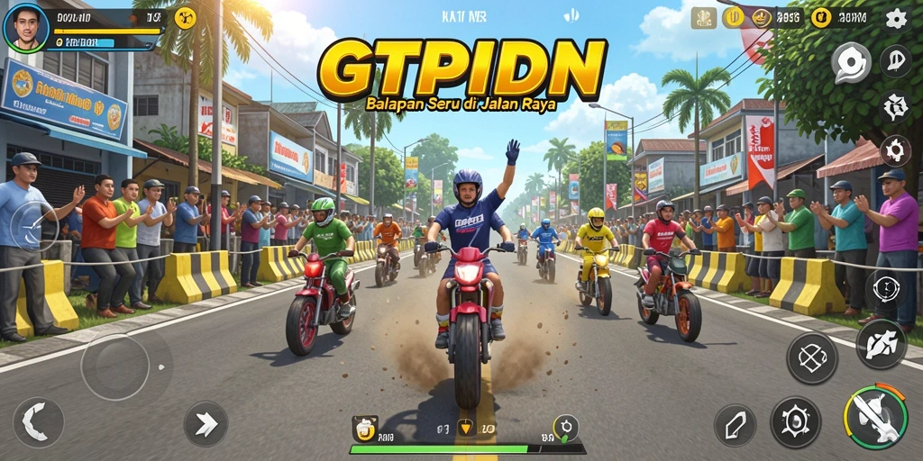 Gameplay seru GTPIDN dengan mobil balap kencang di lintasan.
