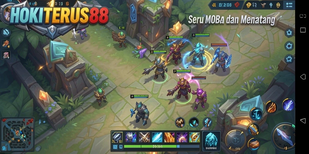 Screenshot HOKITERUS88 menunjukkan aksi pertarungan intens dalam game MOBA.