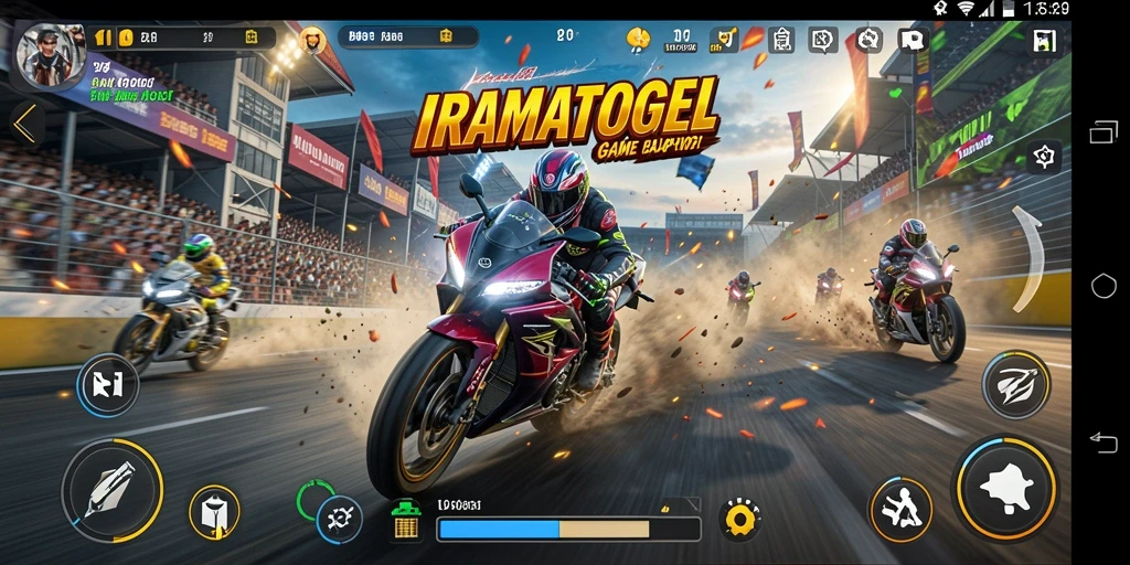 Tangkapan layar menunjukkan aksi balapan motor yang seru di IRAMATOGEL.