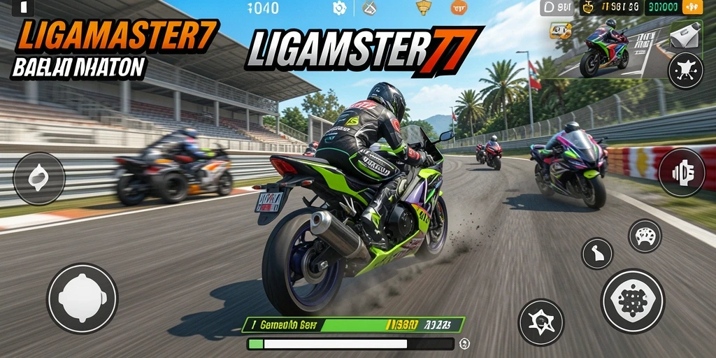Screenshot utama gameplay LIGAMASTER77 menampilkan aksi balap motor yang menegangkan.
