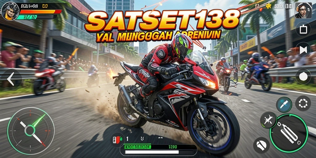 Tampilan layar gameplay SATSET138 yang intens saat balapan motor.
